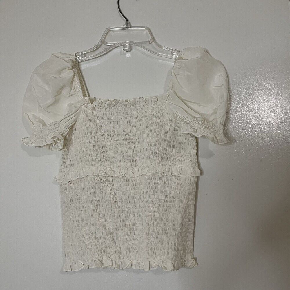 Cinq a Sept ivory white cinched puff sleeve silk blouse top size XS